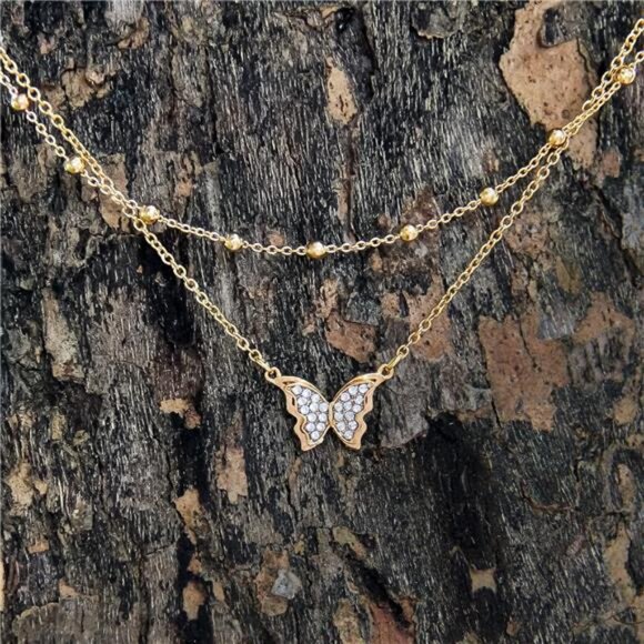 Butterfly Pendant Necklace, 14k Gold Plated Handmade Hollow Layered Necklace - Picture 4 of 7